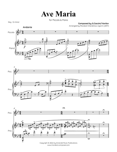 AVE MARIA Caccini for Piccolo & Piano (arr. Morakot Cherdchoo-ngarm)