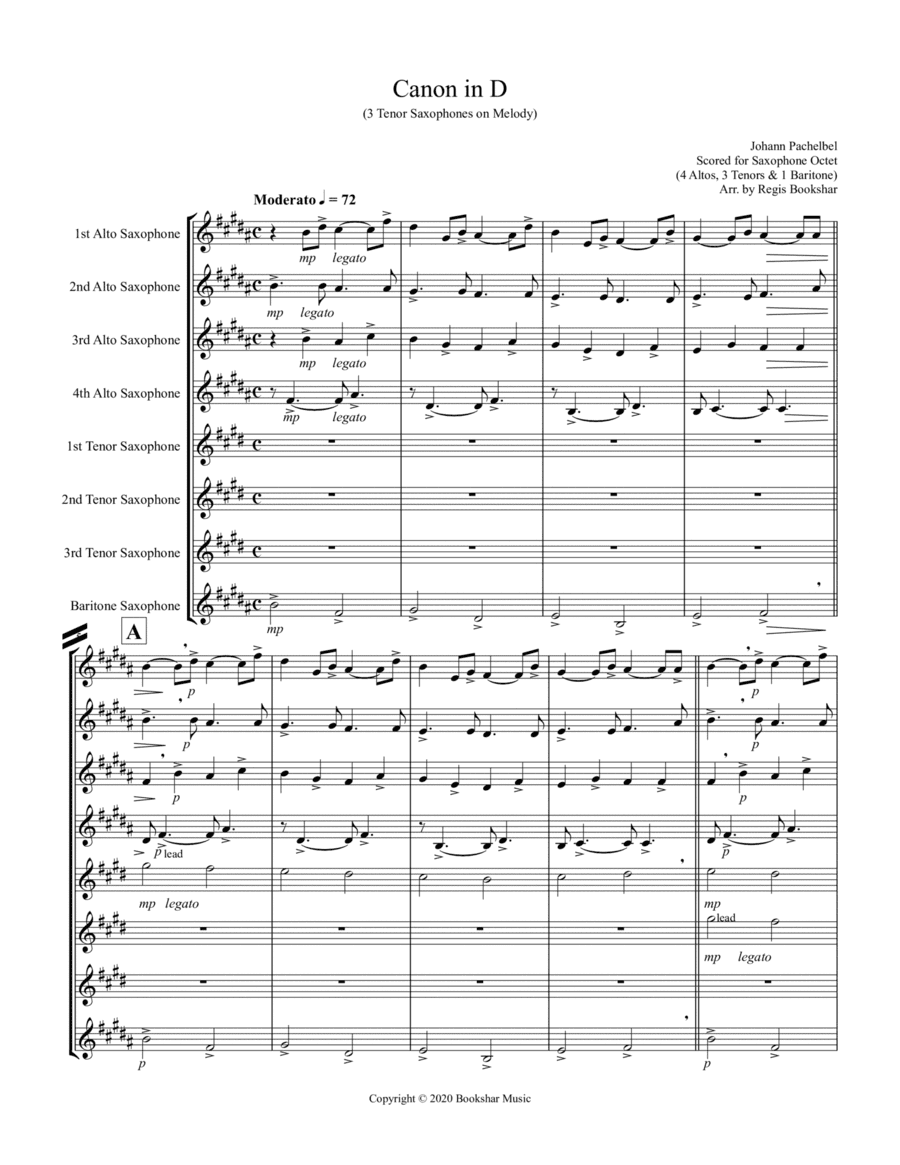 Canon in D (Pachelbel) (D) (Saxophone Octet - 4 Alto, 3 Tenor, 1 Bari) (3 Tenor lead) (arr. Regis Bookshar)