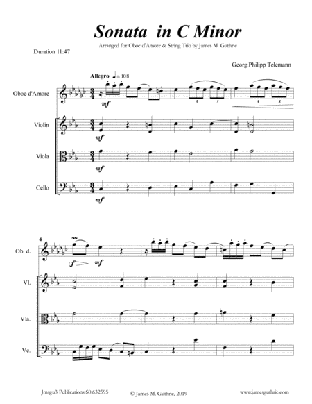 Telemann: Sonata in C Minor for Oboe d'Amore & String Trio (arr. James M. Guthrie, ASCAP)