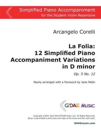 Corelli - "La Folia" Simplified Piano Accompaniment Variations in D minor (arr. Jane Melin)