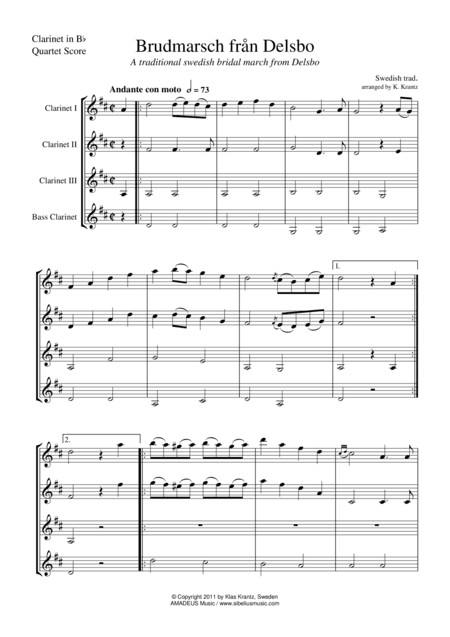 Brudmarsch fran Delsbo for clarinet quartet (arr. Klas Krantz)