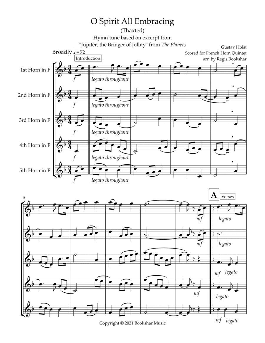 O Spirit All-Embracing (Thaxted) (Bb) (French Horn Quintet) (arr. Regis Bookshar)