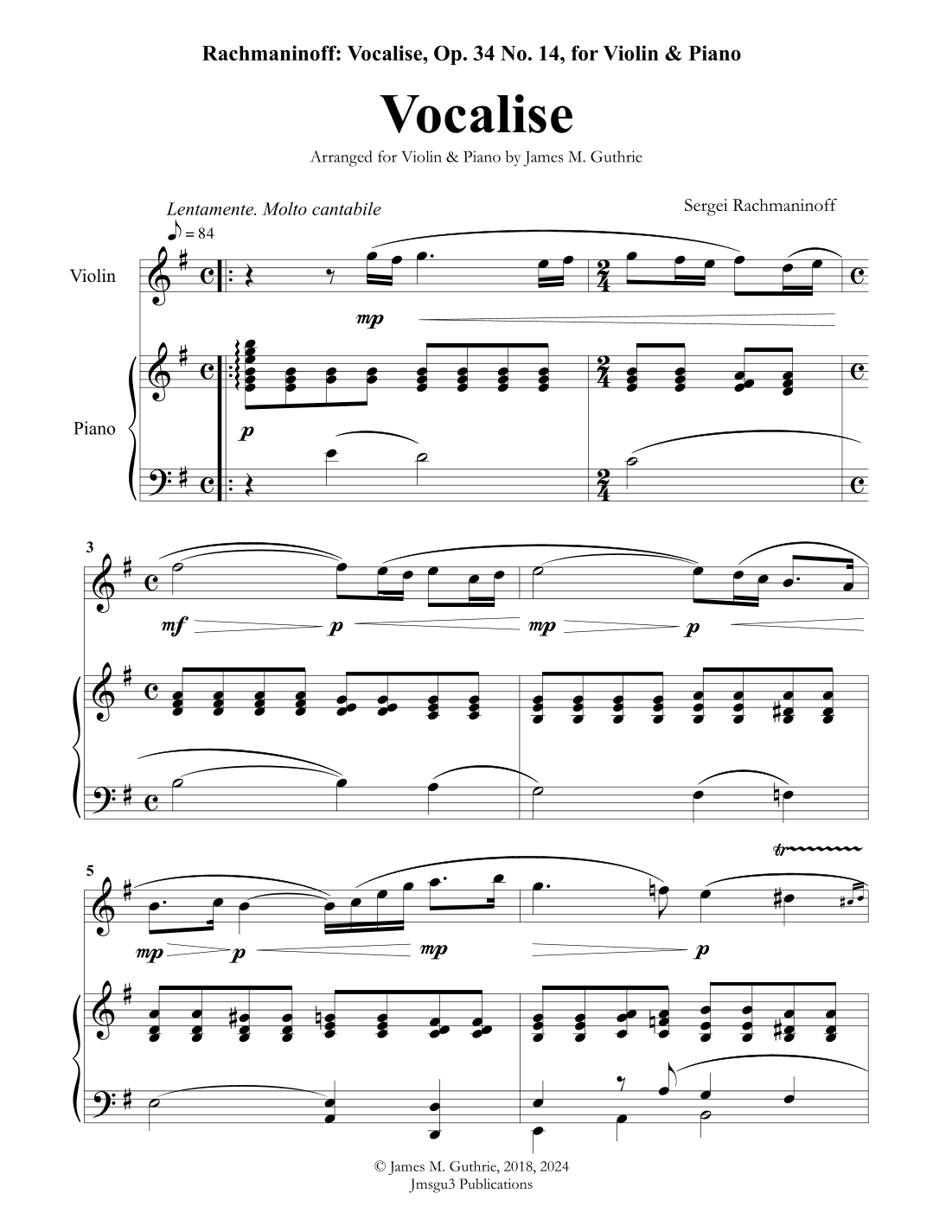 Rachmaninoff: Vocalise for Violin & Piano (arr. James M. Guthrie, ASCAP)