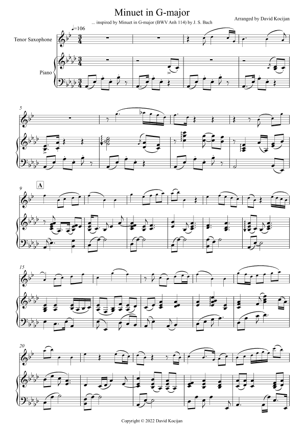 Minuet in G-major (tenor sax & piano) (arr. David Kocijan)
