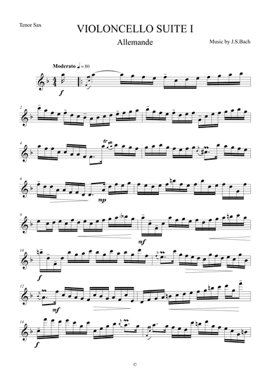 Allemande from Violoncello Suite I by J.S.Bach for Tenor Saxophone (arr. The Sheet Music Library)