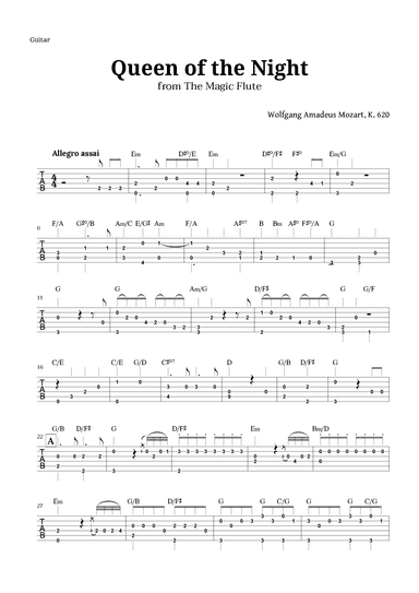 Queen of the Night by Mozart for Guitar TAB with Chords (arr. Langanho)