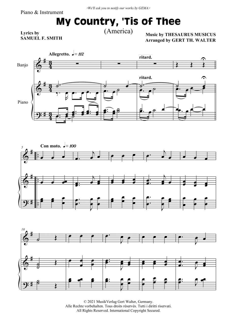My Country, 'Tis Of Thee (America) (arr. Gert Th. Walter)