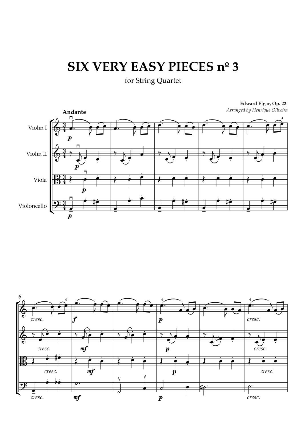 Six Very Easy Pieces nº 3 (Andante) - For String Quartet (arr. Henrique Oliveira)