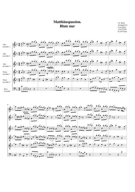 Blute nur from Matthaeuspassion BWV 244 (arrangement for 6 recorders) (arr. Gil Garty)