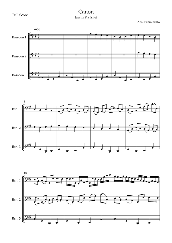 Canon - Johann Pachelbel (Wedding/Reduced Version) for Bassoon Trio (arr. Fabio Britto)