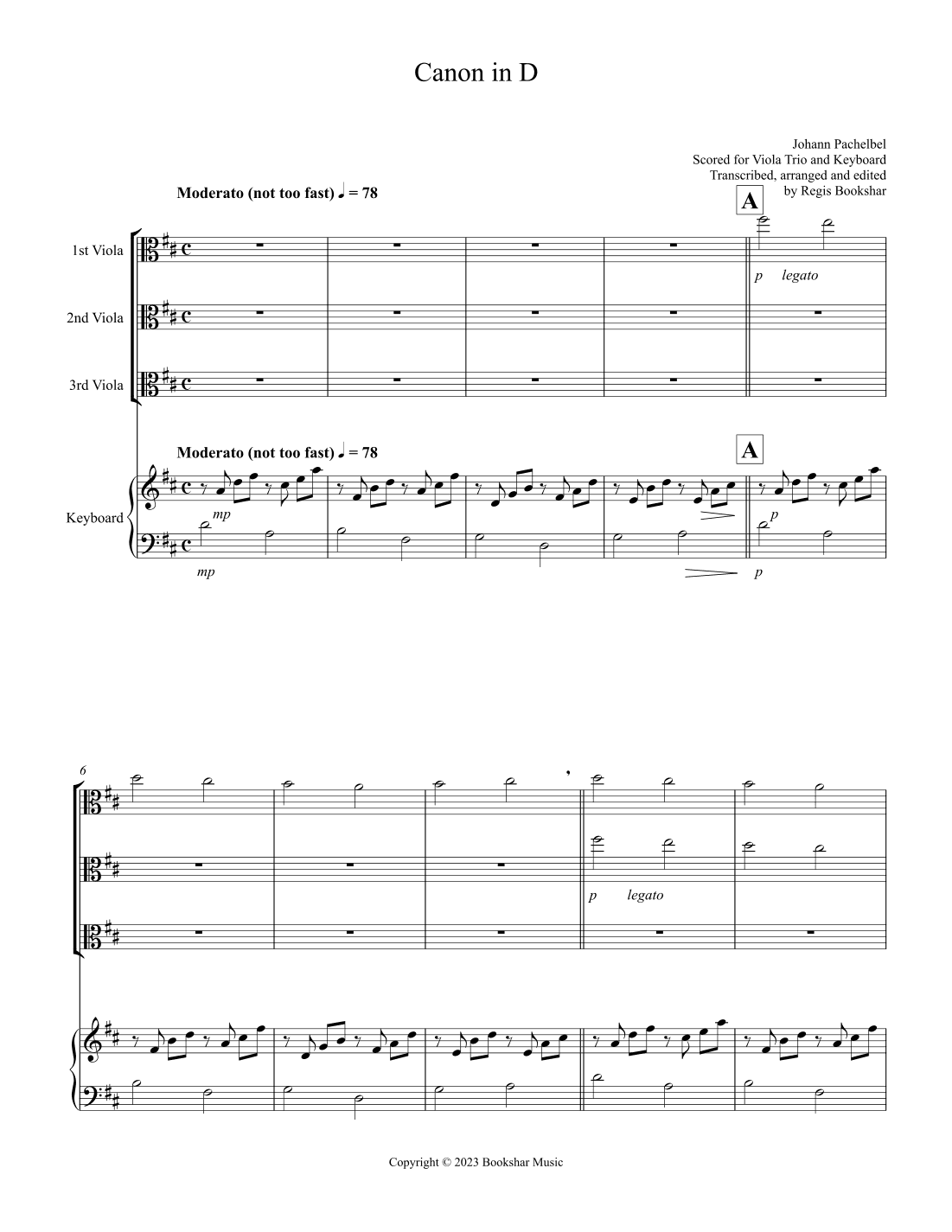 Canon in D (Pachelbel) (D) (Viola Trio, Keyboard) (arr. Regis Bookshar)