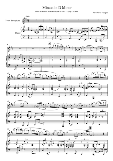 Bach - Minuet in D Minor, BWV Anh. 132 (tenor sax & piano) (arr. David Kocijan)