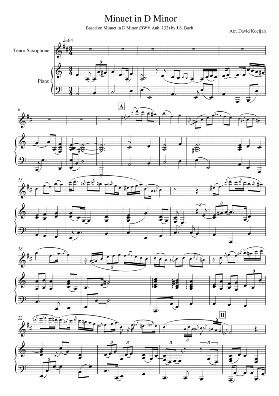 Bach - Minuet in D Minor, BWV Anh. 132 (tenor sax & piano) (arr. David Kocijan)