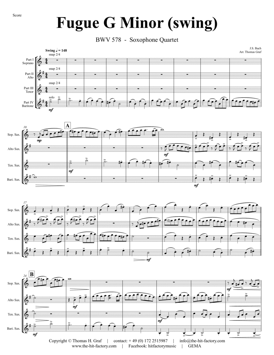 Fugue G Minor - (the 'little') - BWV 578 - Swing - Saxophone Quartet (arr. Thomas Graf)