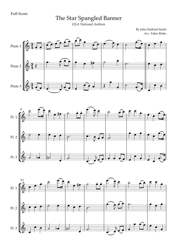 The Star Spangled Banner (USA National Anthem) for Flute Trio (arr. Fabio Britto)