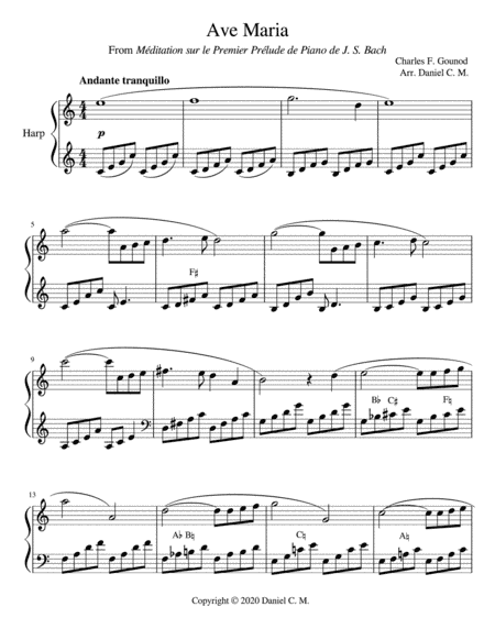 Ave Maria by Gounod for harp (easy) (arr. Daniel C. M.)
