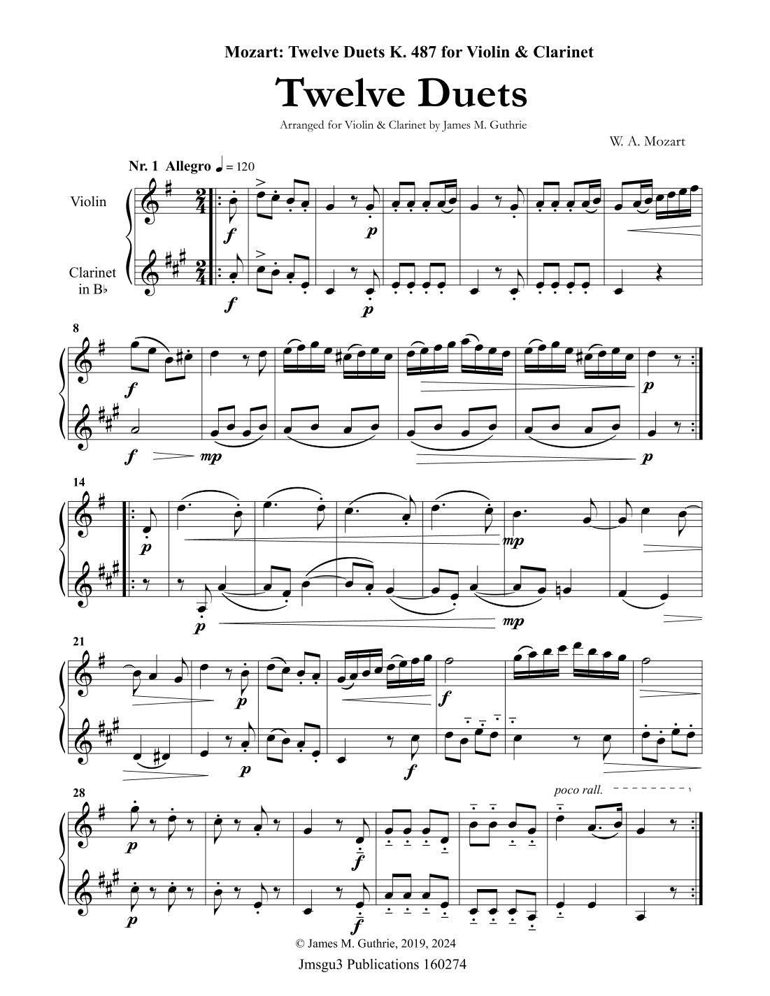 Mozart: Twelve Duets K. 487 for Violin & Clarinet (arr. James M. Guthrie)
