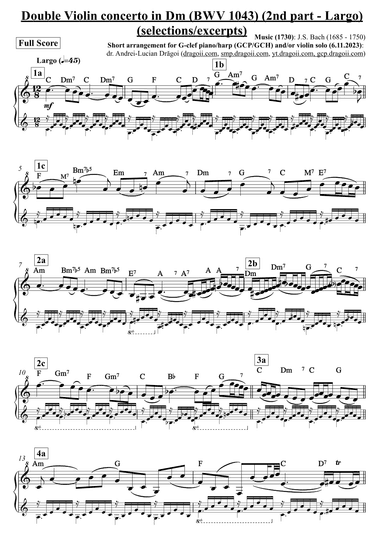 Bach (J.S.) - Double Violin concerto in Dm - 2nd part (Largo) - arr. for G-clef piano (selections) (arr. Andrei Lucian Dragoi)