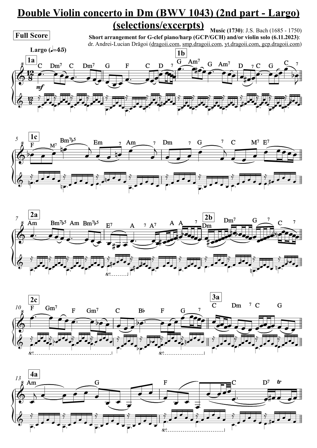 Bach (J.S.) - Double Violin concerto in Dm - 2nd part (Largo) - arr. for G-clef piano (selections) (arr. Andrei Lucian Dragoi)