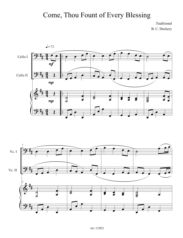 Come, Thou Fount of Every Blessing (Cello Duet with Piano Accompaniment) (arr. B. C. Dockery)