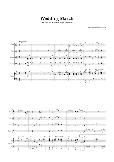 Wedding March by Mendelssohn for Woodwind Quartet and Piano with Chords (arr. Langanho)