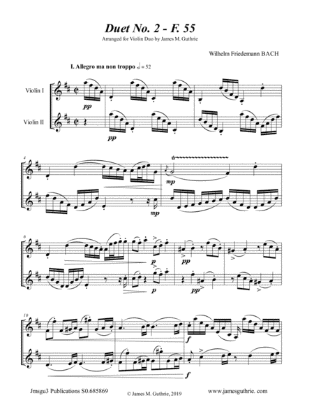 WF Bach: Duet No. 2 for Violin Duo (arr. James M. Guthrie, ASCAP)