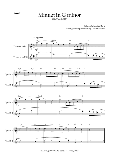 Minuet in G minor BWV anh 115 (Bach) 2 Trumpets chords (arr. Cadu Barcelos)