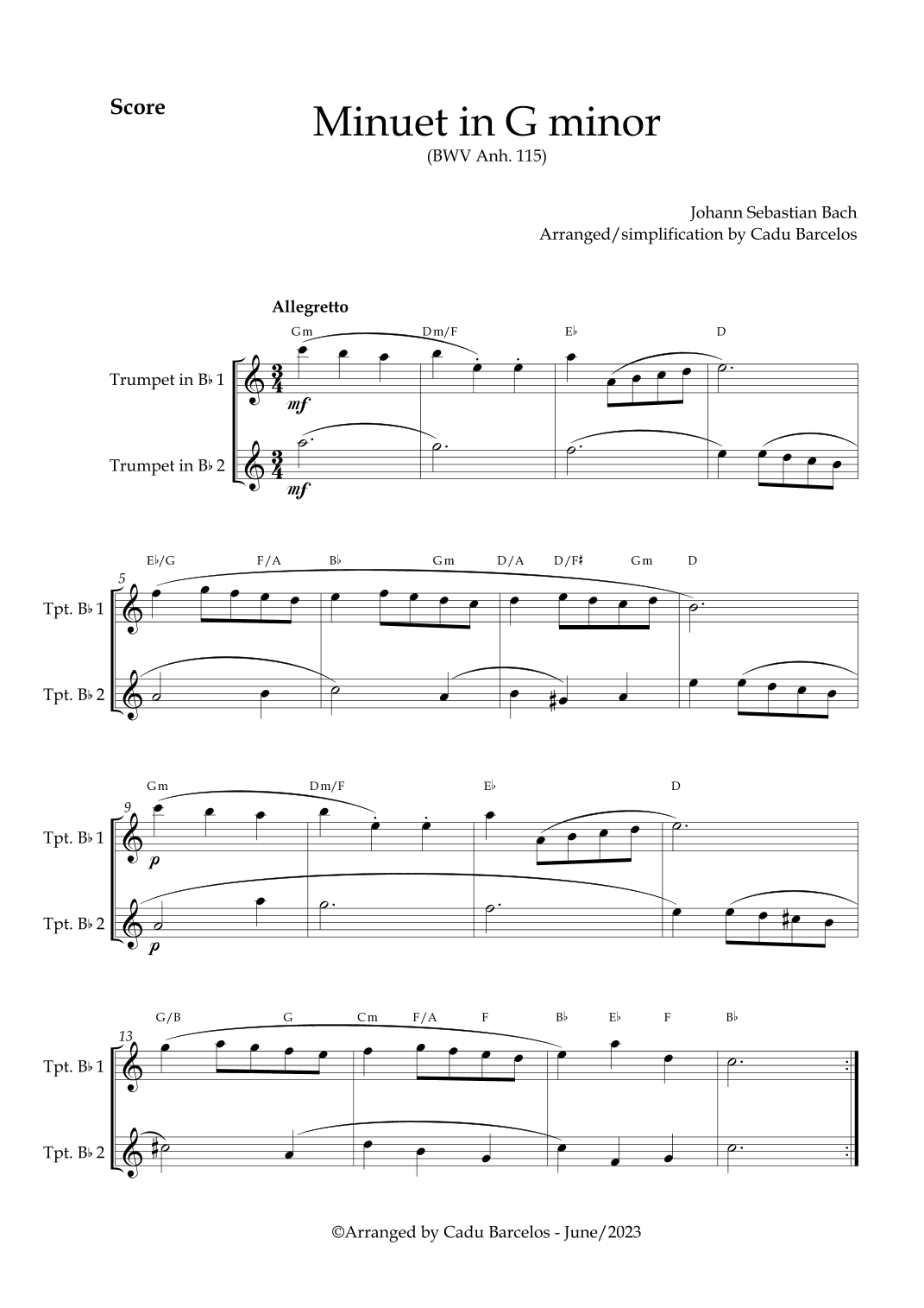 Minuet in G minor BWV anh 115 (Bach) 2 Trumpets chords (arr. Cadu Barcelos)