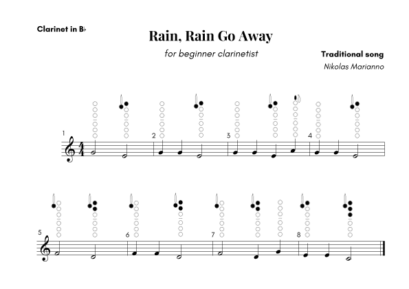 Rain, Rain Go Away for beginner clarinetist with finger chart (arr. Nikolas Marianno)