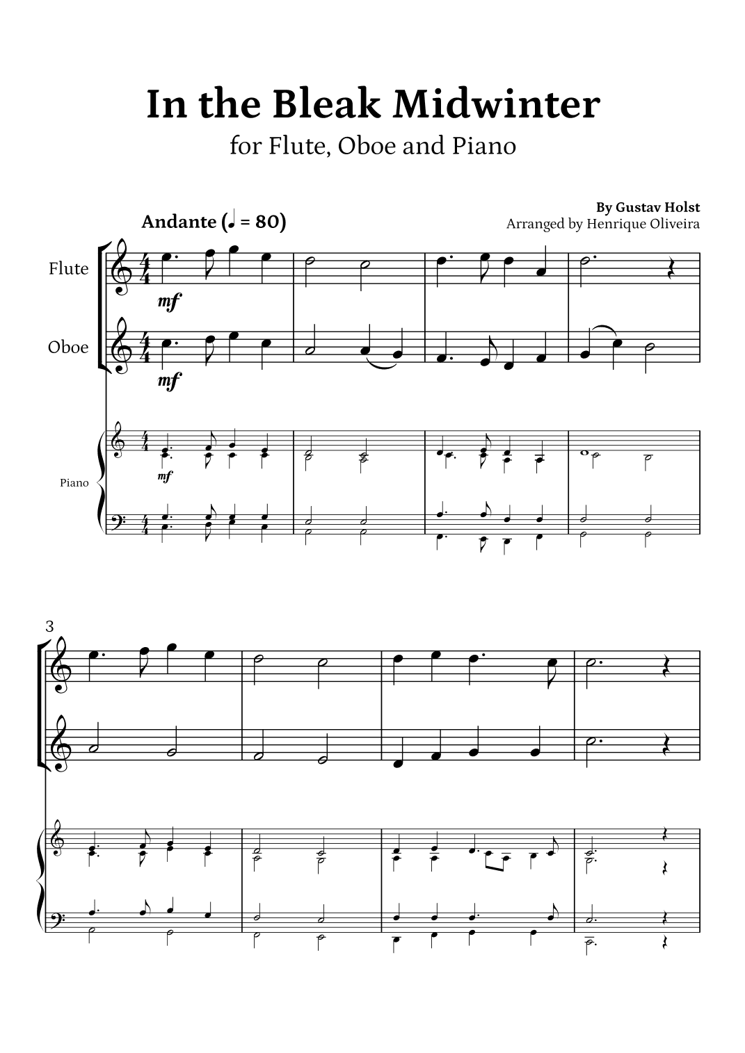 In the Bleak Midwinter (Flute, Oboe and Piano) - Beginner Level (arr. Henrique Oliveira)