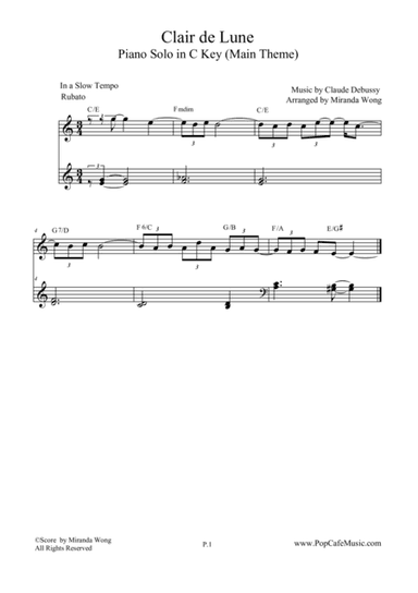 Clair de Lune in C Key - Easy Piano Solo (arr. Miranda Wong)