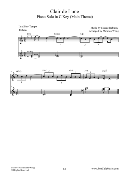 Clair de Lune in C Key - Easy Piano Solo (arr. Miranda Wong)