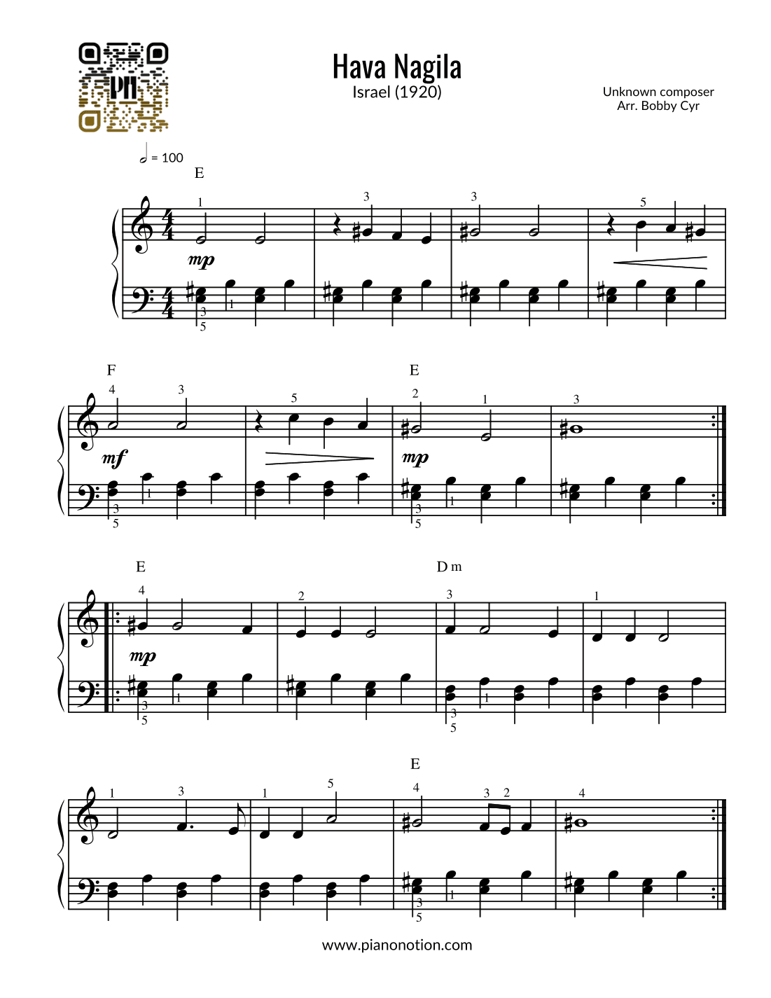 Hava Nagila (Easy Piano) (arr. Bobby Cyr - Piano Notion)