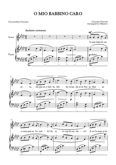 O Mio Babbino Caro | Male Voice Tenor | A-flat Major | Piano accompaniment | Pedal (arr. Milanov)