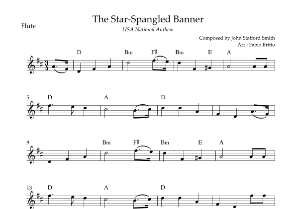 The Star Spangled Banner (USA National Anthem) for Flute Solo with Chords (D Major) (arr. Fabio Britto)