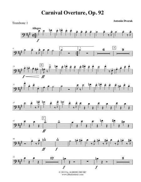 Dvorak Carnival Overture - Trombone Bass Clef 1 (Transposed Part), Op.92 (arr. Doug Clyde)