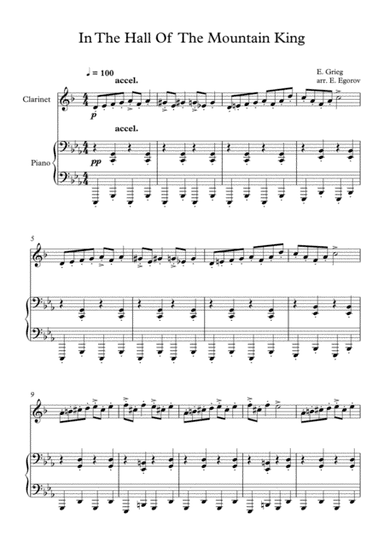In The Hall Of The Mountain King, Edvard Grieg, For Clarinet & Piano (arr. Eugene Egorov)