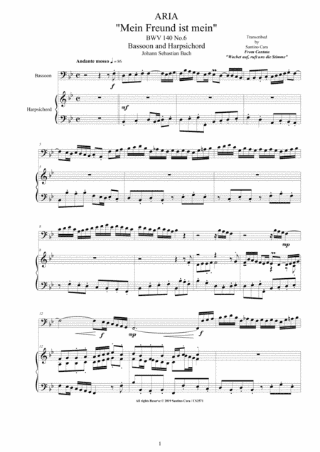 Bach - Aria (Mein Freund ist mein) BWV 140 No.6 for Bassoon and Harpsichord (arr. Santino Cara)