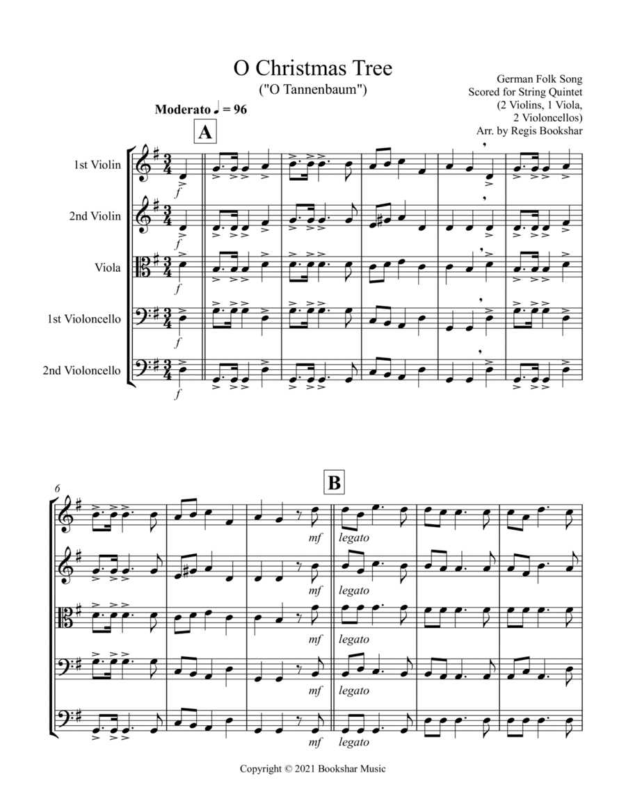 O Christmas Tree (G) (String Quintet - 2 Violins, 1 Viola, 2 Cellos) (arr. Regis Bookshar)