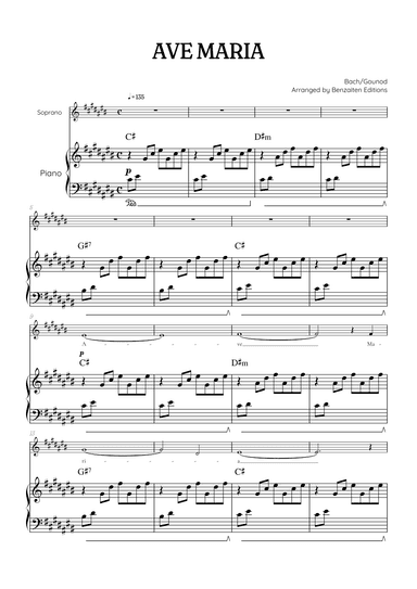 Bach / Gounod Ave Maria in C sharp [C#] • soprano sheet music with piano accompaniment and chords (arr. Benzaiten Editions)
