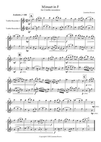 Minuet in F - Treble Recorder Duet