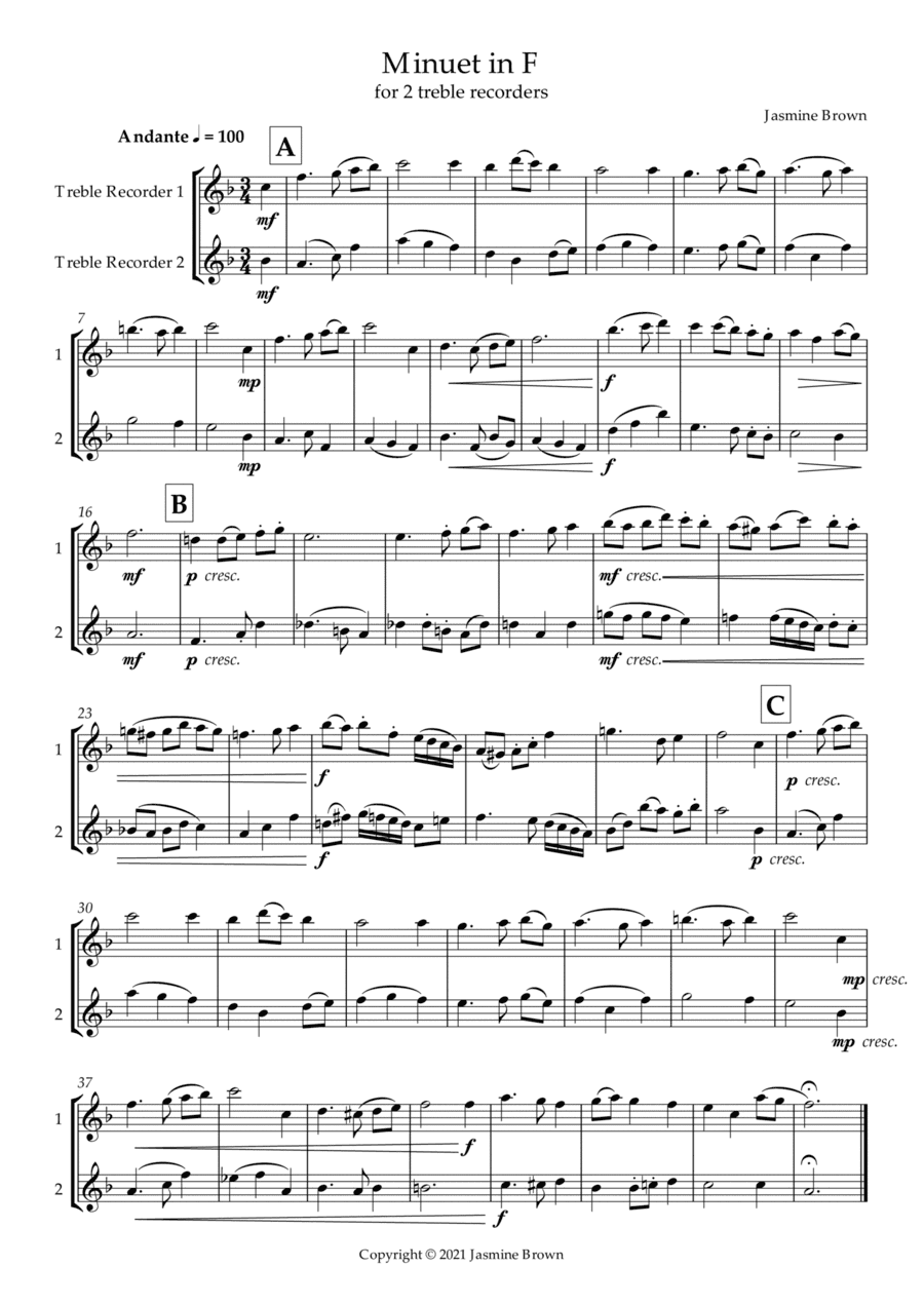 Minuet in F - Treble Recorder Duet