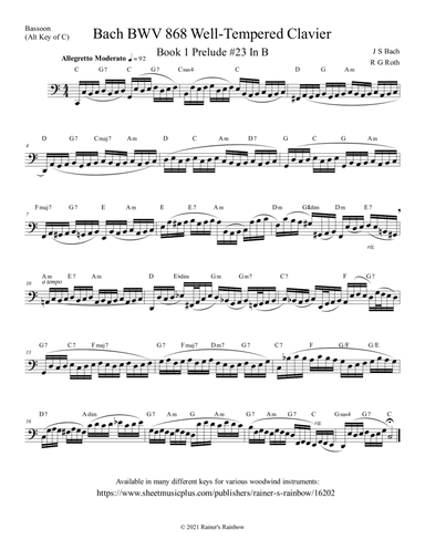 Bach BWV 868 Well-Tempered Clavier Book 1 Prelude 23 Bassoon Study (arr. R G Roth)