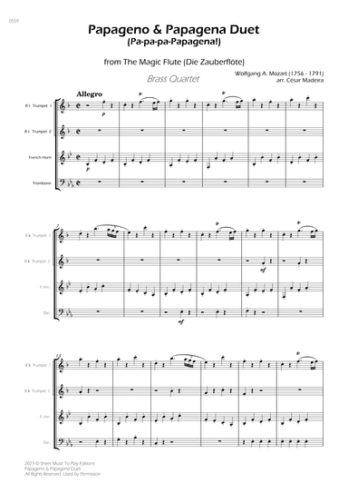 Papageno and Papagena Duet - Brass Quartet (Full Score) - Score Only (arr. César Madeira)