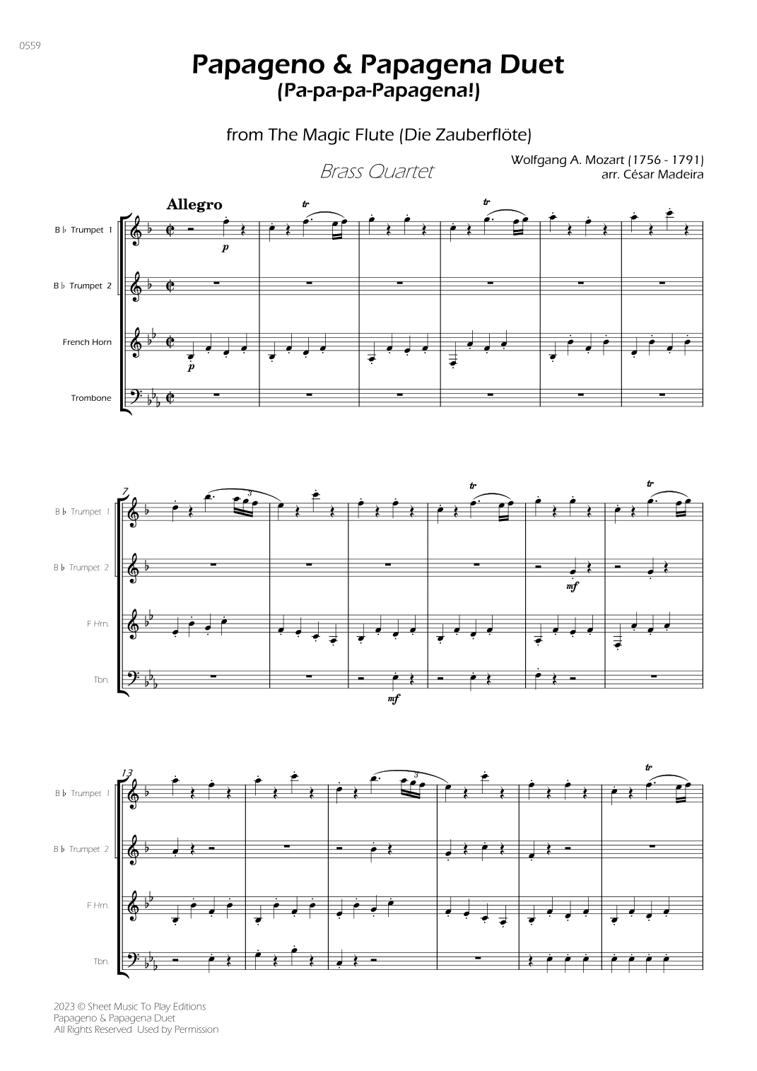 Papageno and Papagena Duet - Brass Quartet (Full Score) - Score Only (arr. César Madeira)