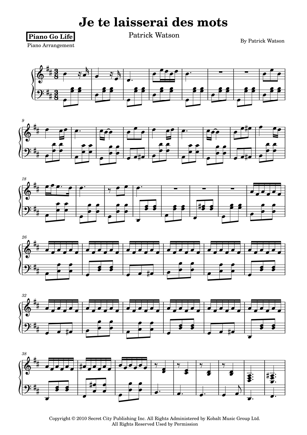 Je Te Laisserai Des Mots (arr. Piano Go Life)