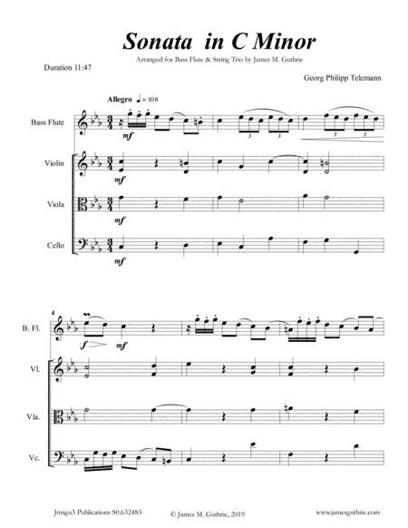 Telemann: Sonata in C Minor for Bass Flute & String Trio (arr. James M. Guthrie, ASCAP)