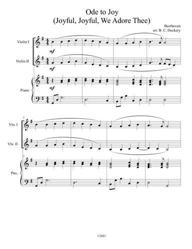 Ode to Joy (Joyful, Joyful, We Adore Thee) for violin duet with piano accompaniment (arr. B. C. Dockery)