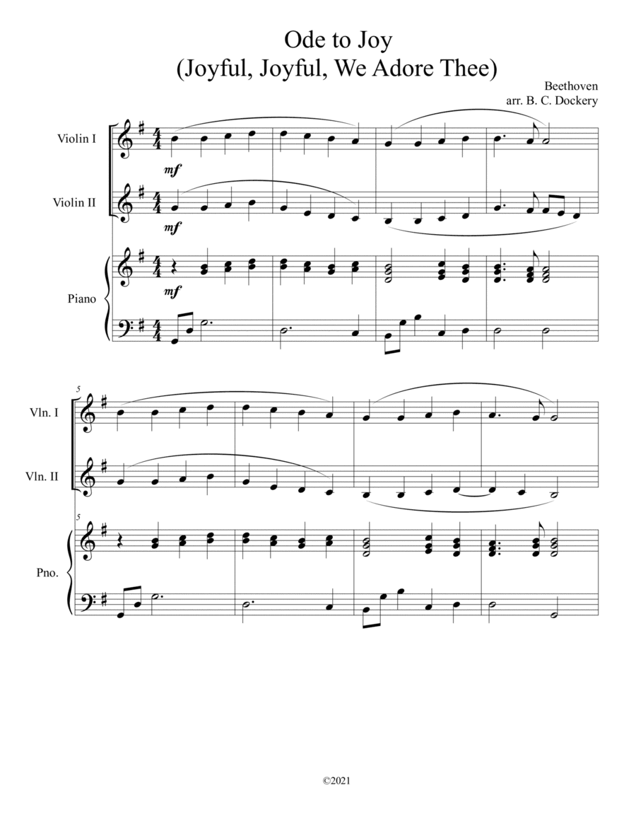 Ode to Joy (Joyful, Joyful, We Adore Thee) for violin duet with piano accompaniment (arr. B. C. Dockery)