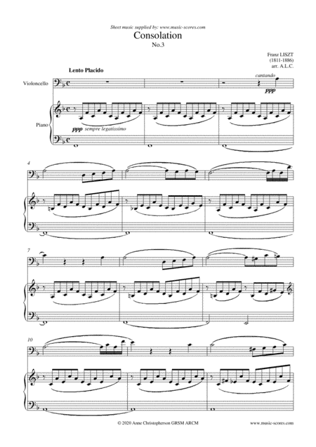 Consolation No. 3 - Cello and Piano (arr. Anne L Christopherson GRSM ARCM)